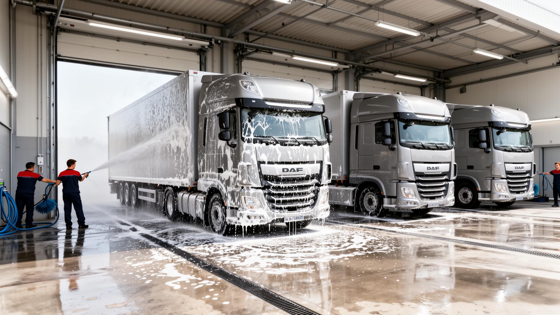 Professionele truck wasstraat met meerdere vrachtwagens in een schone, opgeruimde wasbay